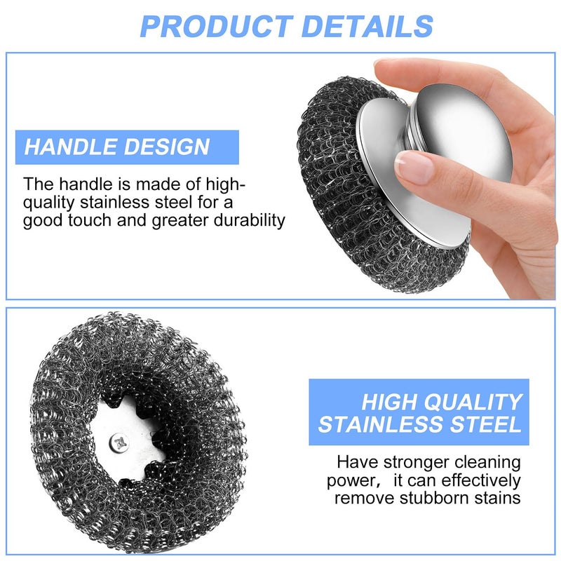 Ahardaim 2Pcs Stainless Steel Wool Scrubber with Handle, 4 Replacement Steel Scrubber Wool Pads，Stainless Steel Scrubber for Cleaning Cast Iron, Dishes, Kitchen Pots, Pans, Grills, Stoves, Sink - Image 3